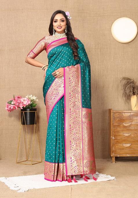 Rama Blue Woven Silk Saree Set