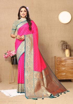 Pink Woven Silk Saree Set