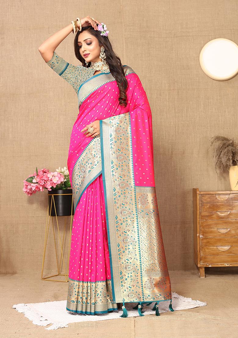 Pink Woven Silk Saree Set - Indya