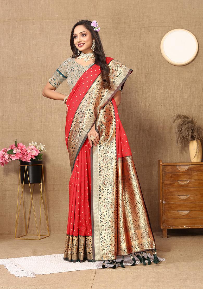 Red Woven Silk Saree Set - Indya