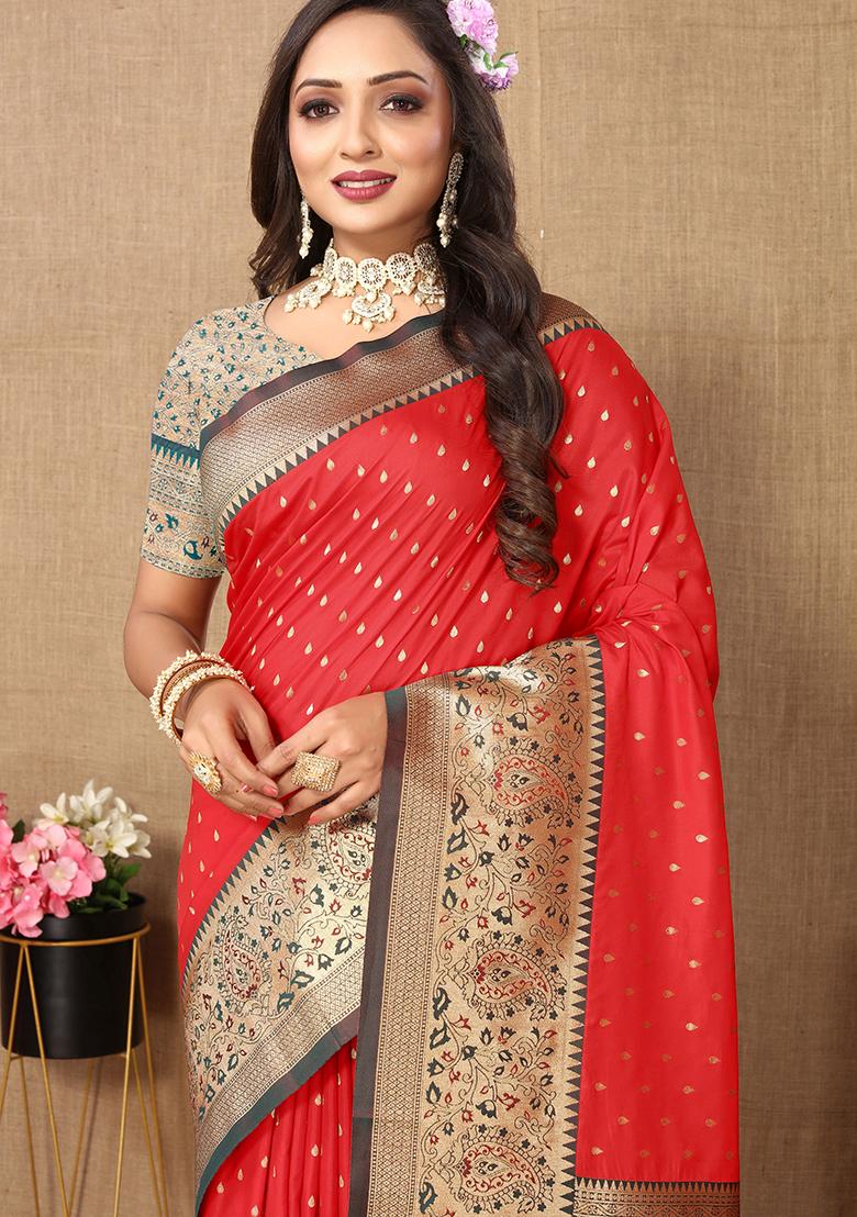 Red Woven Silk Saree Set - Indya