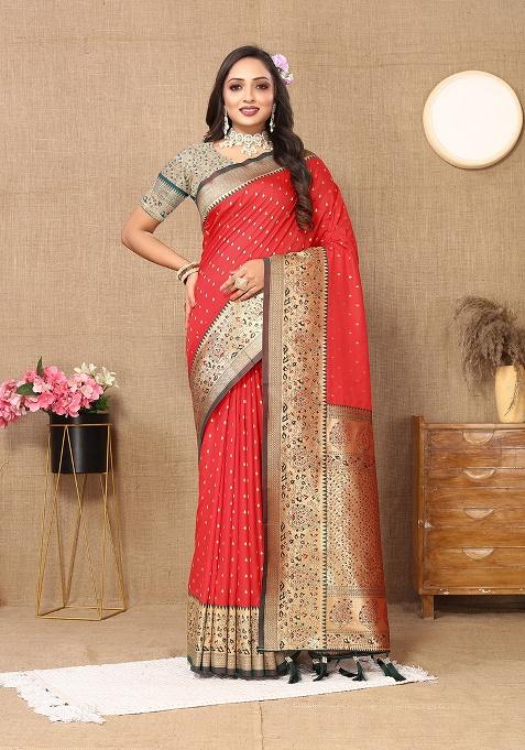 Red Woven Silk Saree Set