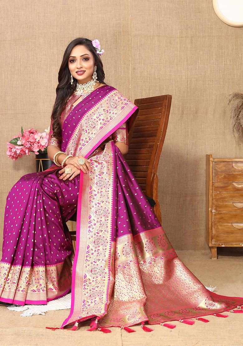 Wine Woven Silk Saree Set - Indya