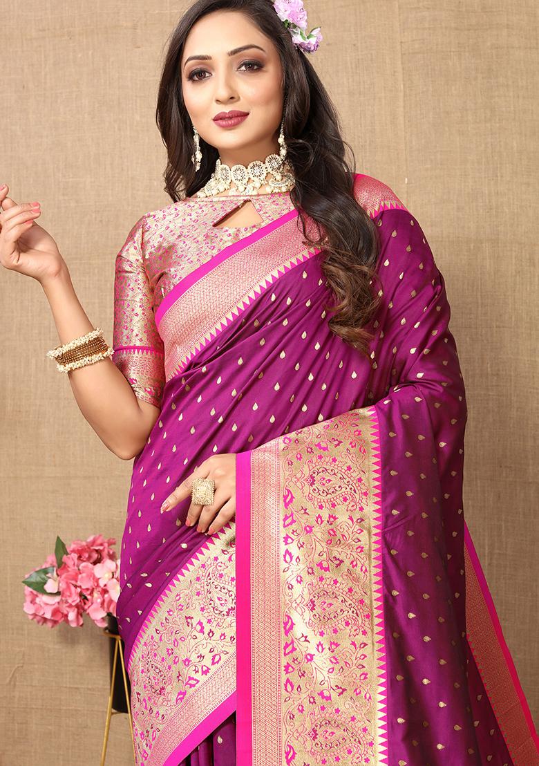 Wine Woven Silk Saree Set - Indya