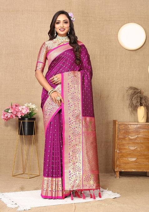 Wine Woven Silk Saree Set