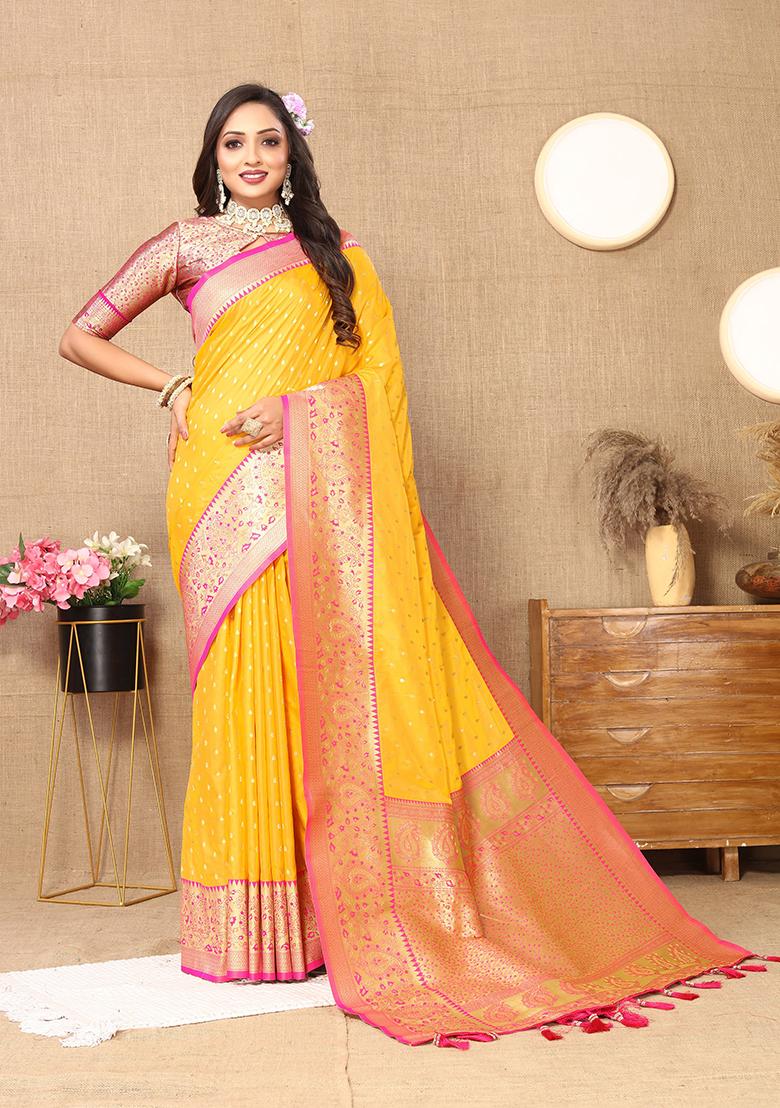 Mustard Woven Silk Saree Set - Indya