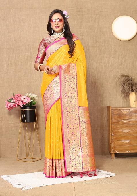 Mustard Woven Silk Saree Set