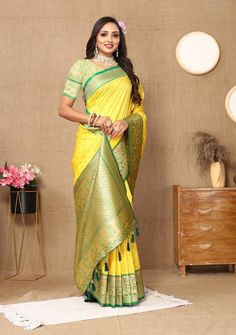 Yellow Woven Silk Saree Set - Indya