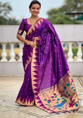 Magenta Woven Silk Saree Set