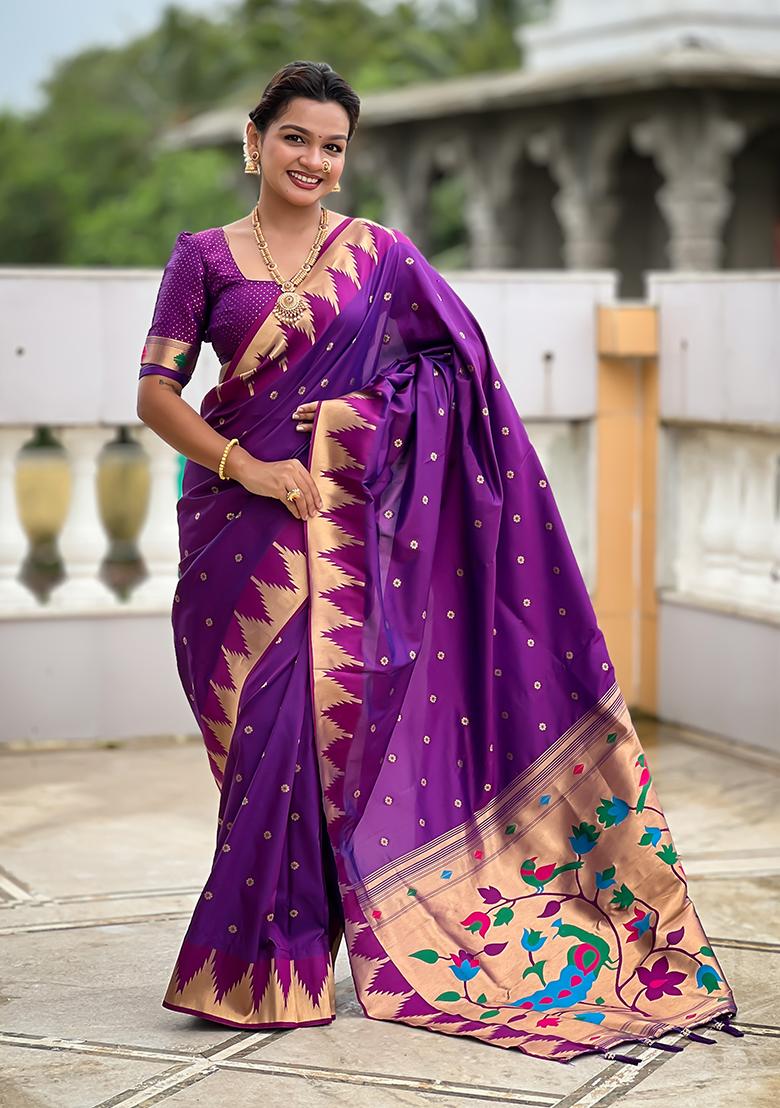 Magenta Woven Silk Saree Set - Indya