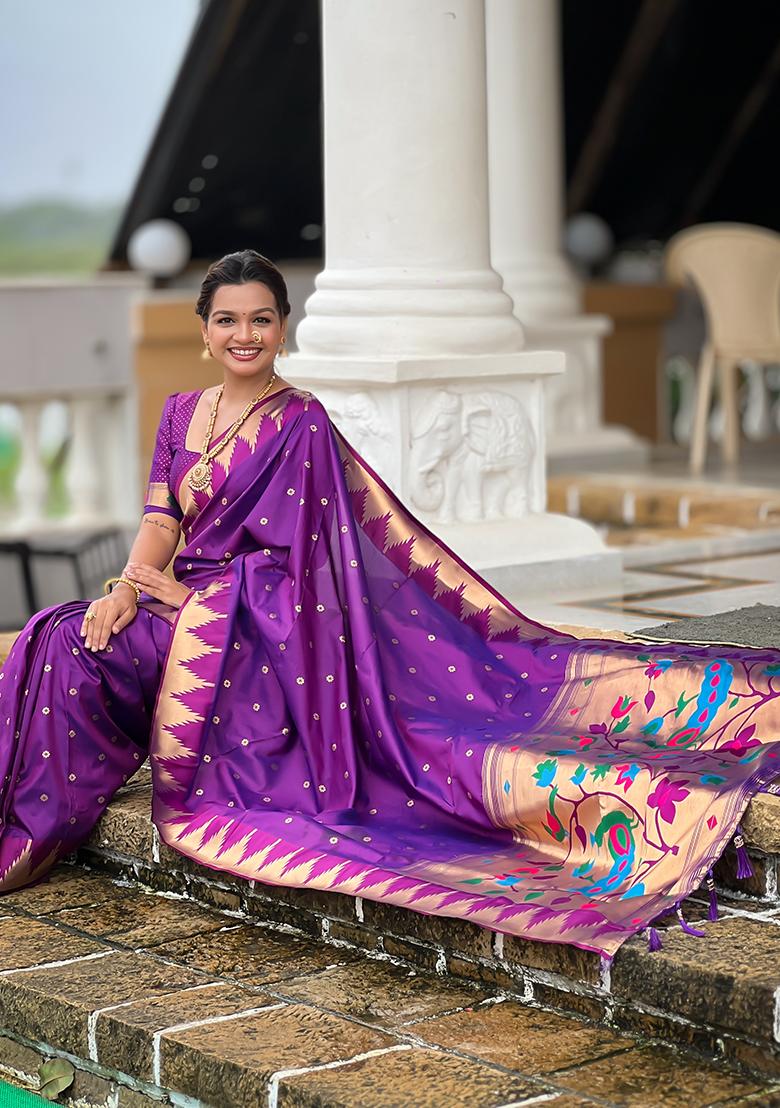 Magenta Woven Silk Saree Set - Indya
