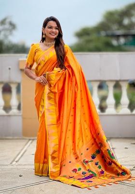 Orange Woven Silk Saree Set