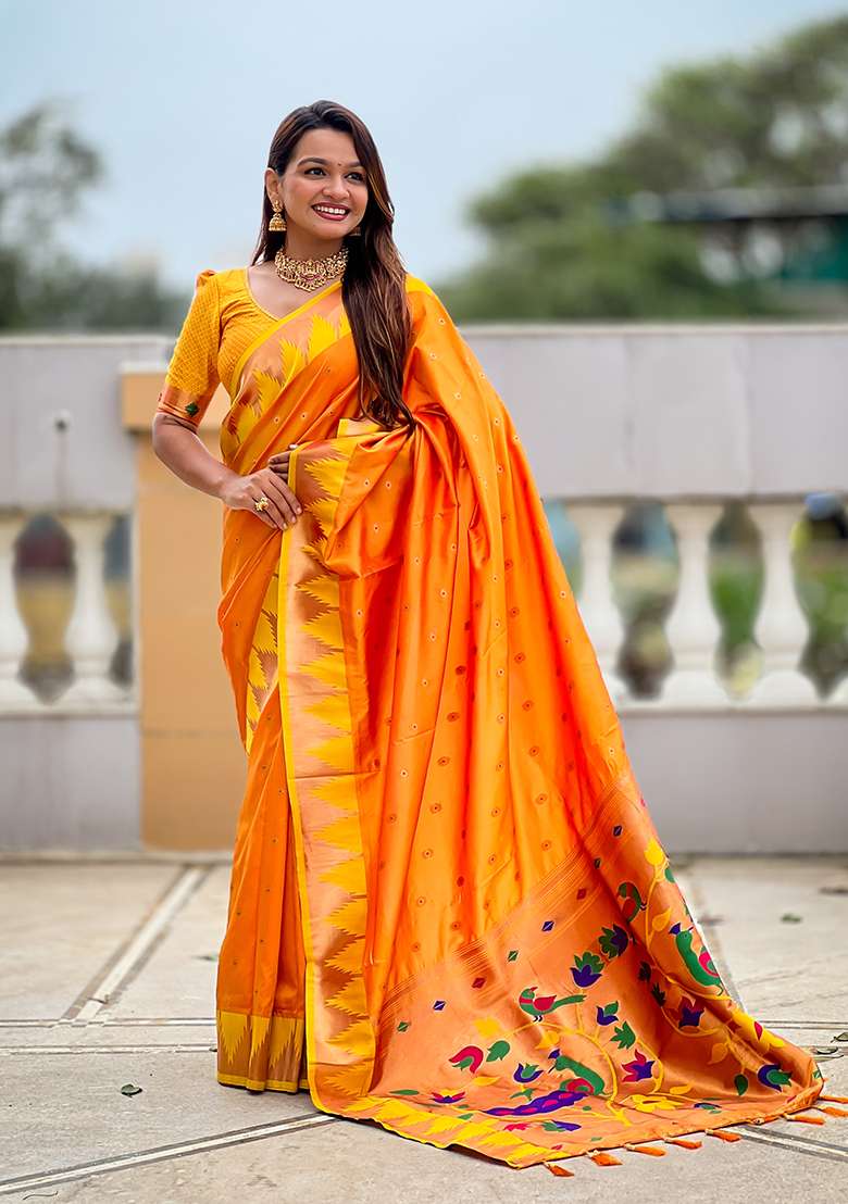 Orange Woven Silk Blend Saree Set for Diwali | Wedding & Festive Wear - Indya