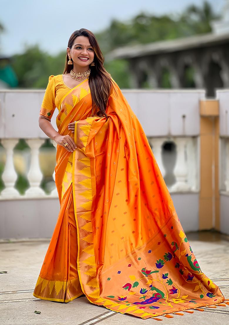 Orange Woven Silk Saree Set - Indya