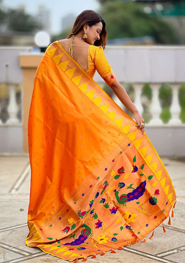 Orange Woven Silk Blend Saree Set for Diwali | Wedding & Festive Wear - Indya
