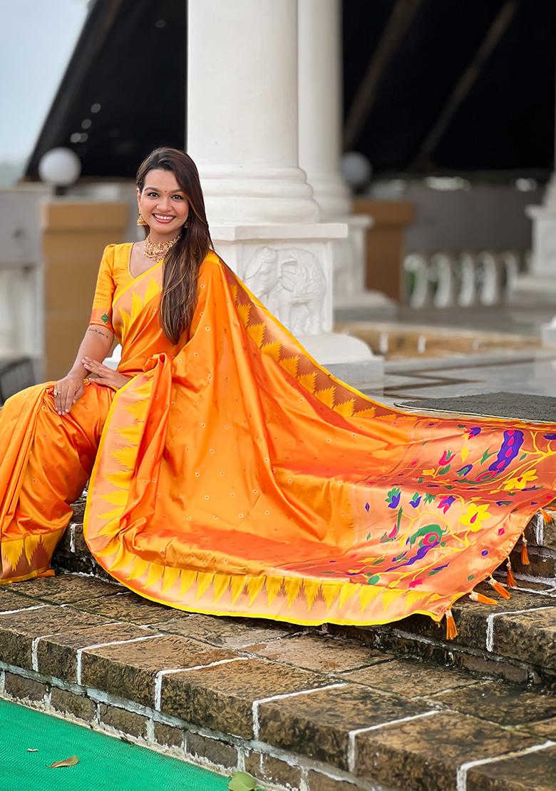 Orange Woven Silk Saree Set - Indya