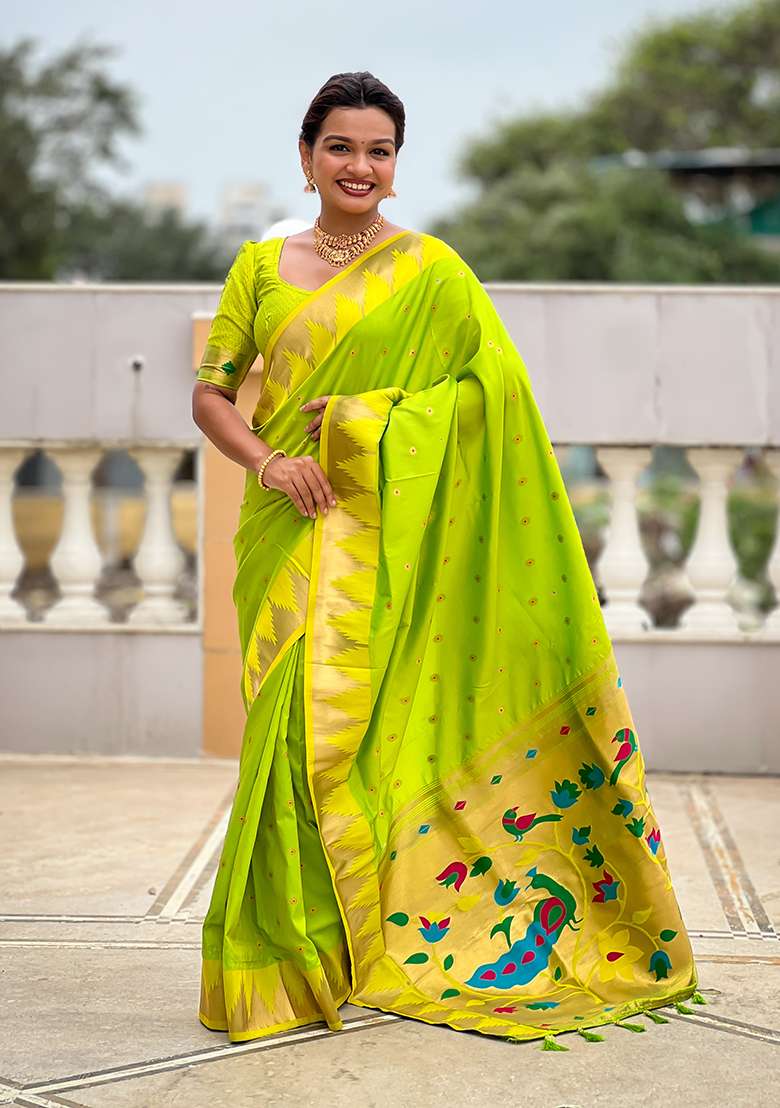 Parrot Green Woven Silk Blend Saree Set for Diwali and Festive Wear - Indya
