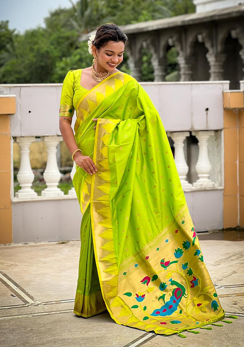 Parrot Green Woven Silk Saree Set - Indya