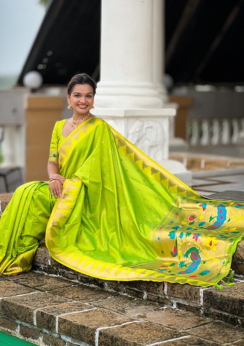 Parrot Green Woven Silk Saree Set - Indya