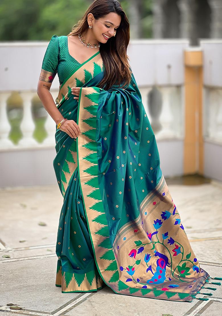 Rama Blue Woven Silk Saree Set - Indya