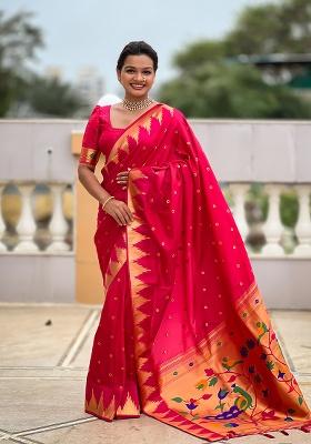 Pink Woven Silk Saree Set