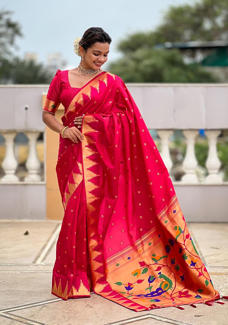 Pink Woven Silk Saree Set - Indya
