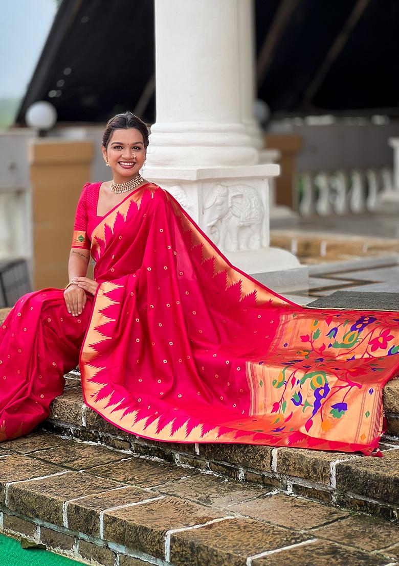 Pink Woven Silk Saree Set - Indya