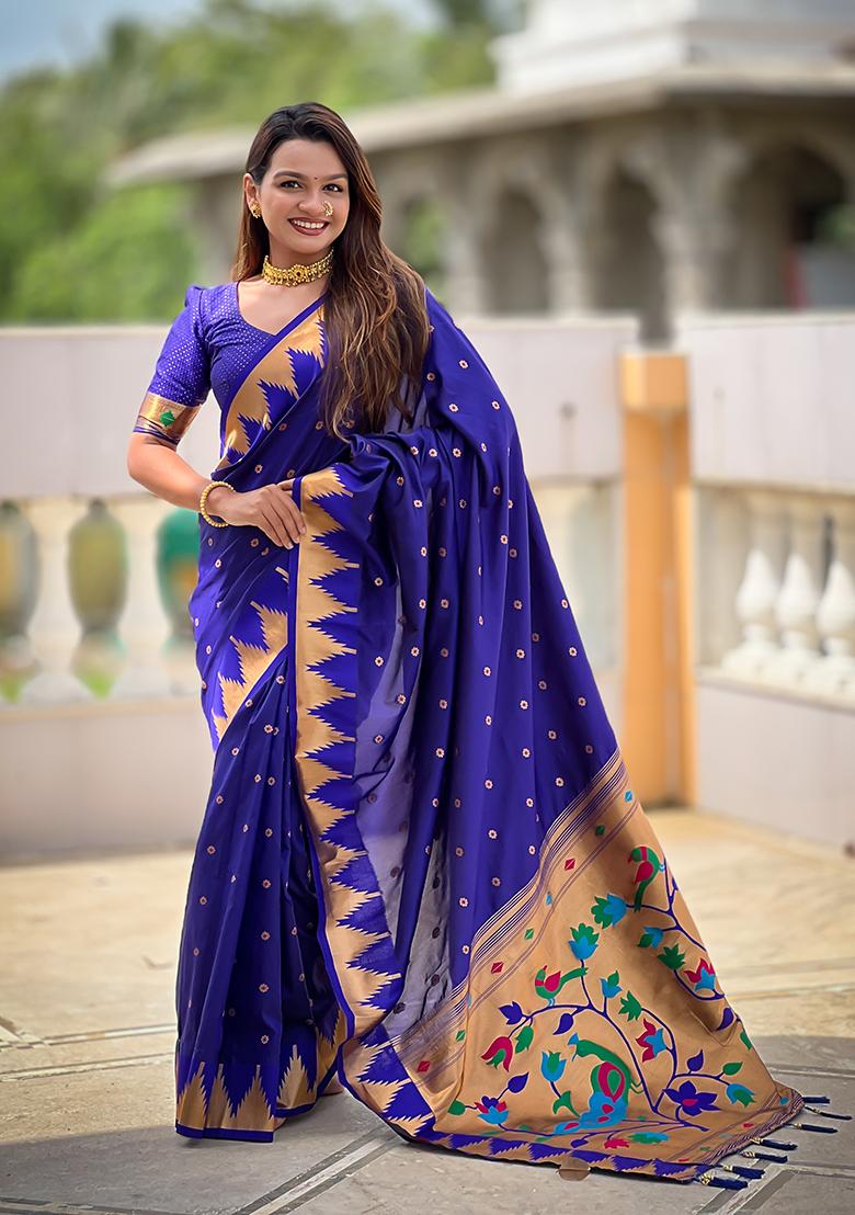 Royal Blue Woven Silk Saree Set - Indya