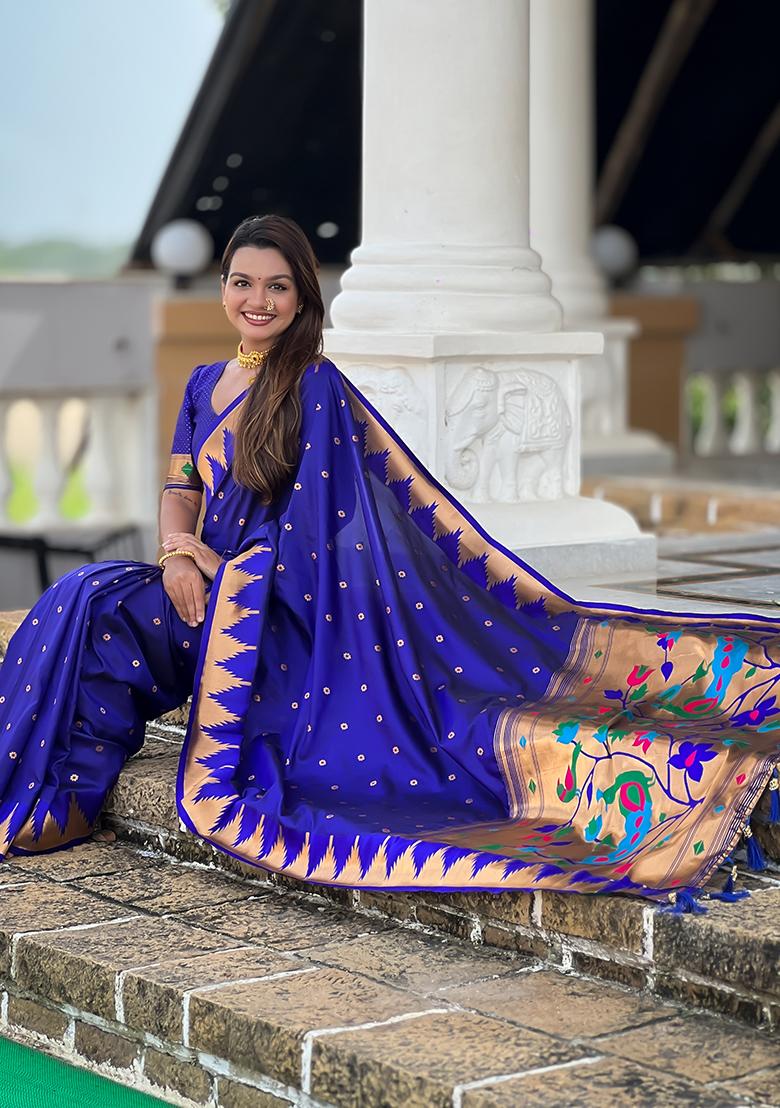 Royal Blue Woven Silk Saree Set - Indya