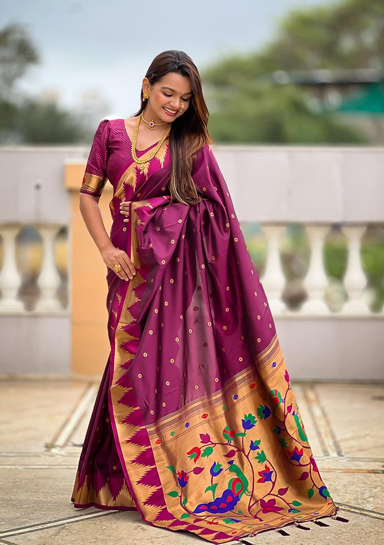 Wine Woven Silk Saree Set - Indya