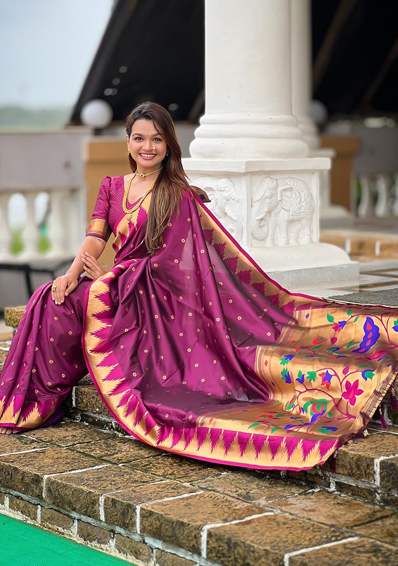 Wine Woven Silk Saree Set - Indya