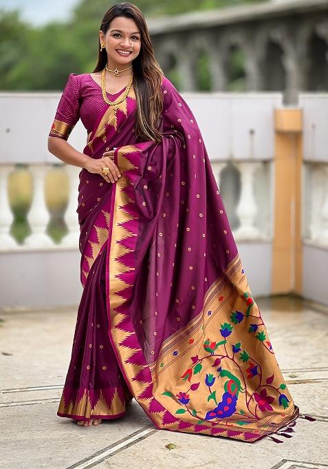 Wine Woven Silk Saree Set