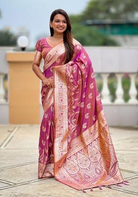 Purple Woven Silk Saree Set