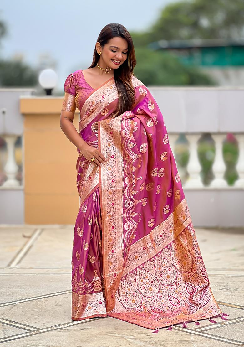 Purple Woven Silk Saree Set - Indya