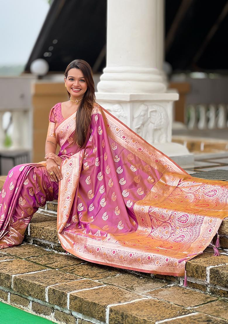 Purple Woven Silk Saree Set - Indya