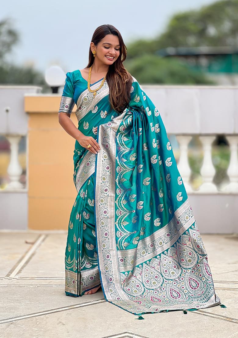 Teal Green Woven Silk Saree Set - Indya