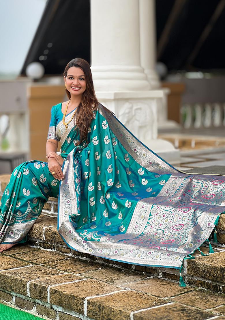 Teal Green Woven Silk Saree Set - Indya