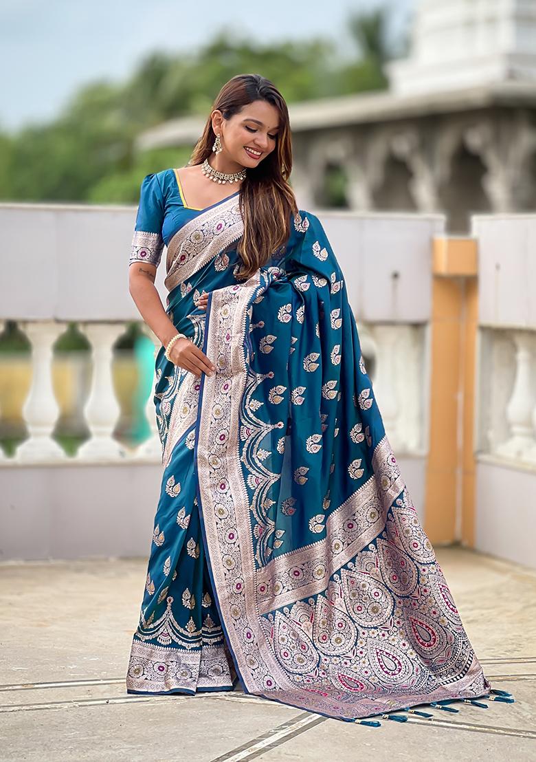 Teal Blue Woven Silk Saree Set - Indya