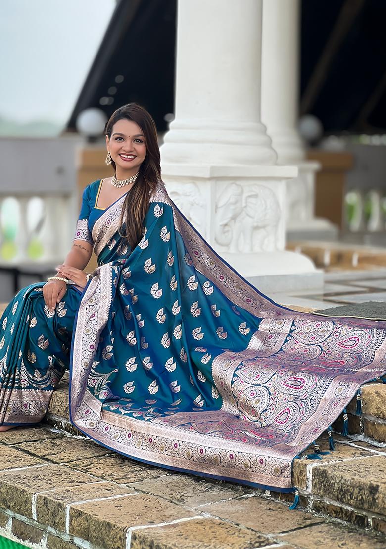 Teal Blue Woven Silk Saree Set - Indya