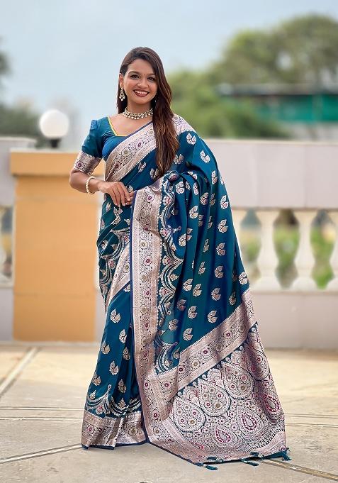 Teal Blue Woven Silk Saree Set