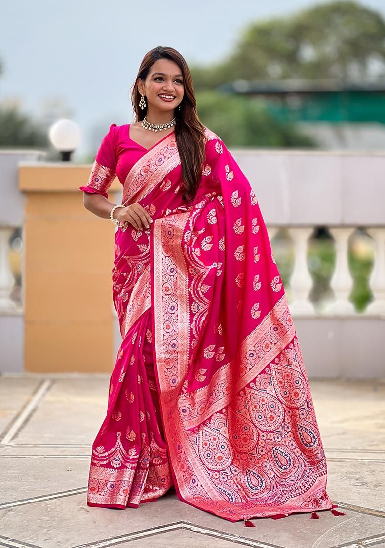 Pink Woven Silk Saree Set - Indya