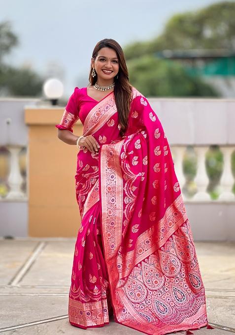 Pink Woven Silk Saree Set