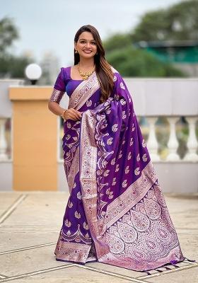 Violet Woven Silk Saree Set