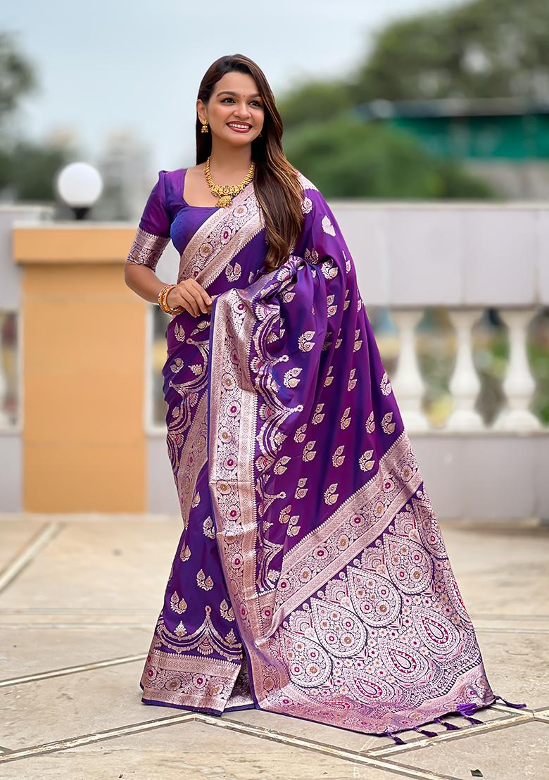 Violet Woven Silk Saree Set - Indya