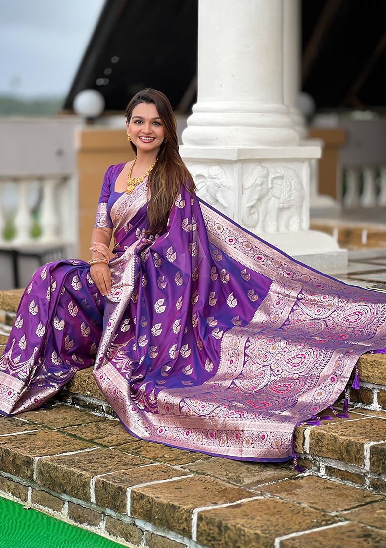 Violet Woven Silk Saree Set - Indya