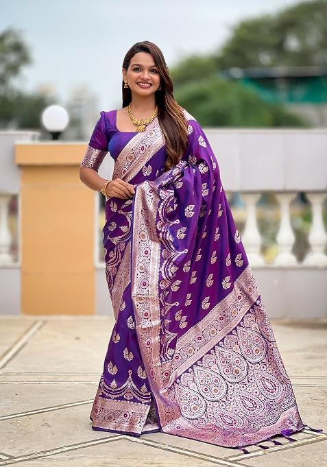 Violet Woven Silk Saree Set