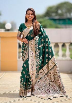 Green Woven Silk Saree Set