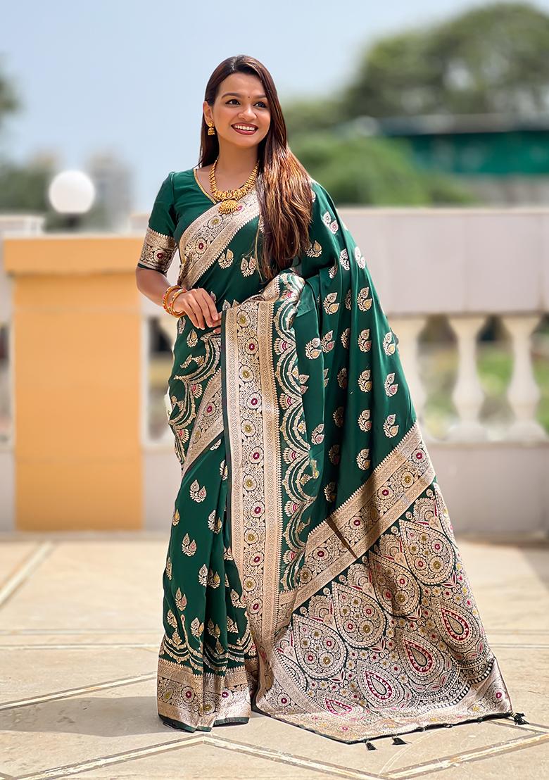 Green Woven Silk Saree Set - Indya