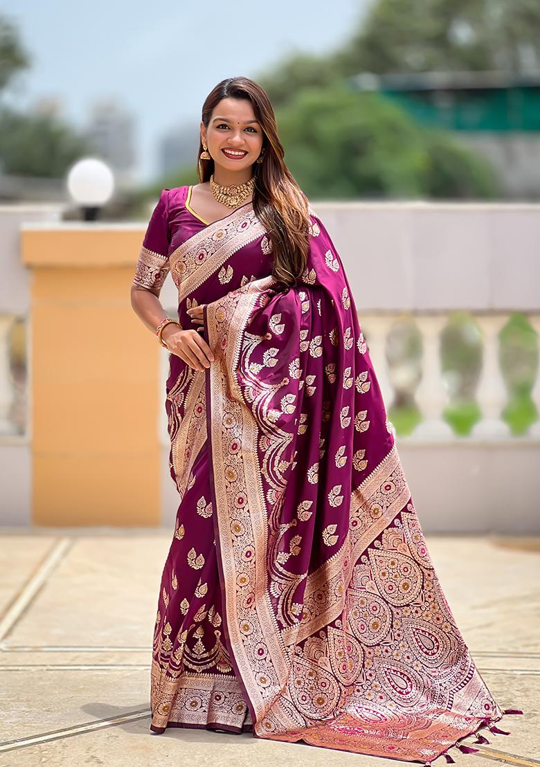 Magenta Woven Silk Saree Set - Indya