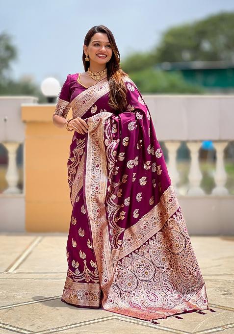 Magenta Woven Silk Saree Set